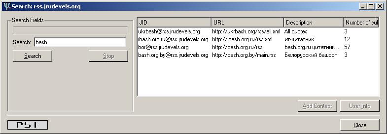 окно поиска RSS в Psi